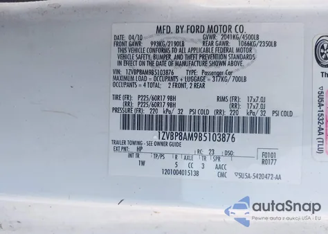 2011 Ford Mustang V6 z USA, uszkodzony, nr VIN 1ZVBP8AM9B5103876